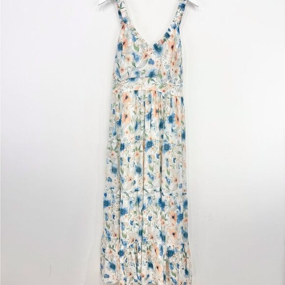 Penelope Rose White Blue Peach Floral V Neck Tiered Maxi Tank Dress NEW - Picture 1 of 16